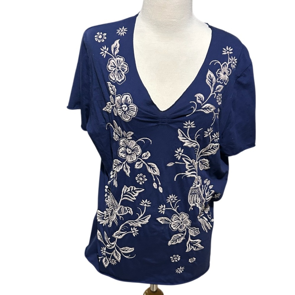 Johnny Was Navy Blue Embroidered V-Neck Top